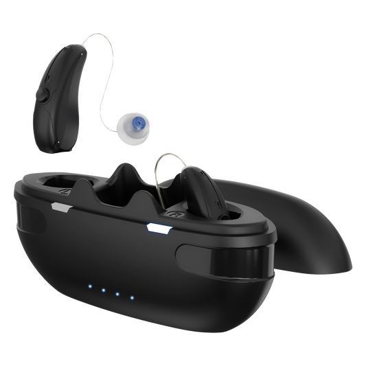Soundbright Discovery behind-the-ear hearing aids open charging case with one hearing aid removed