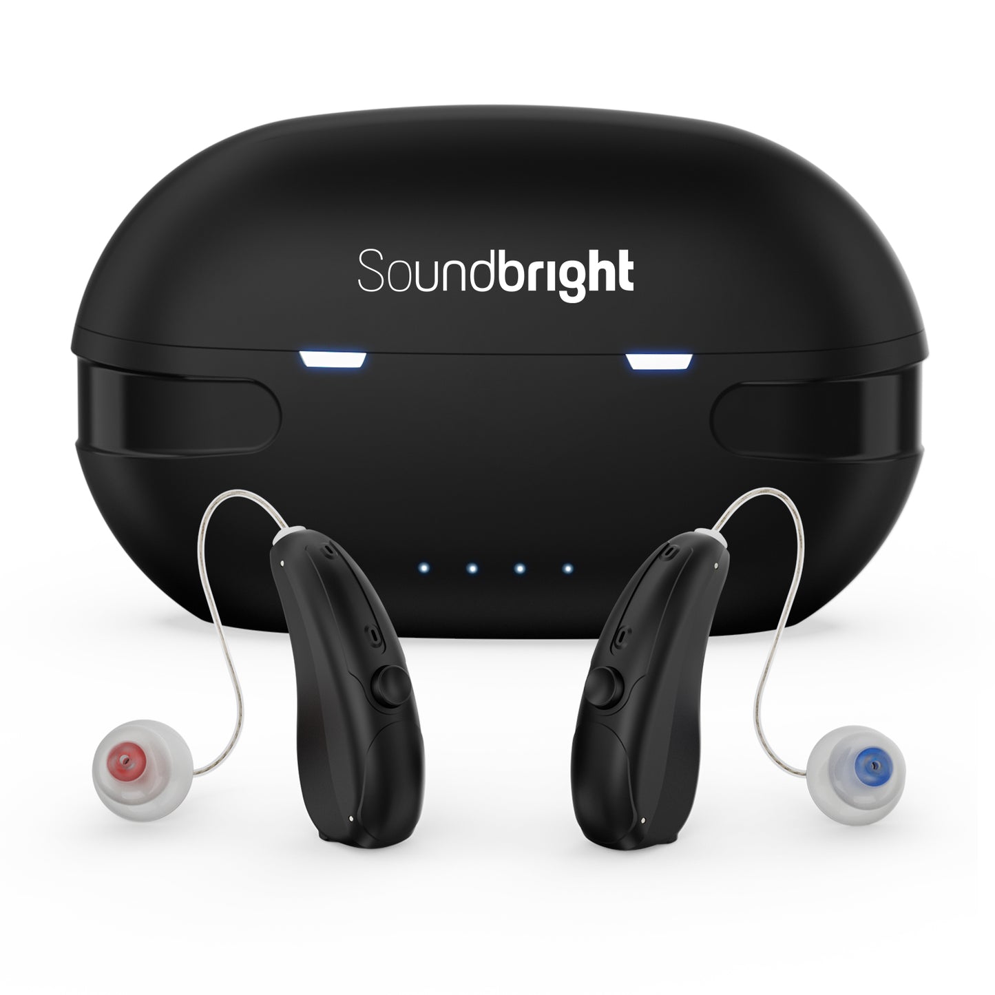 Soundbright Discovery behind-the-ear hearing aids closed charging case with both hearing aids displayed