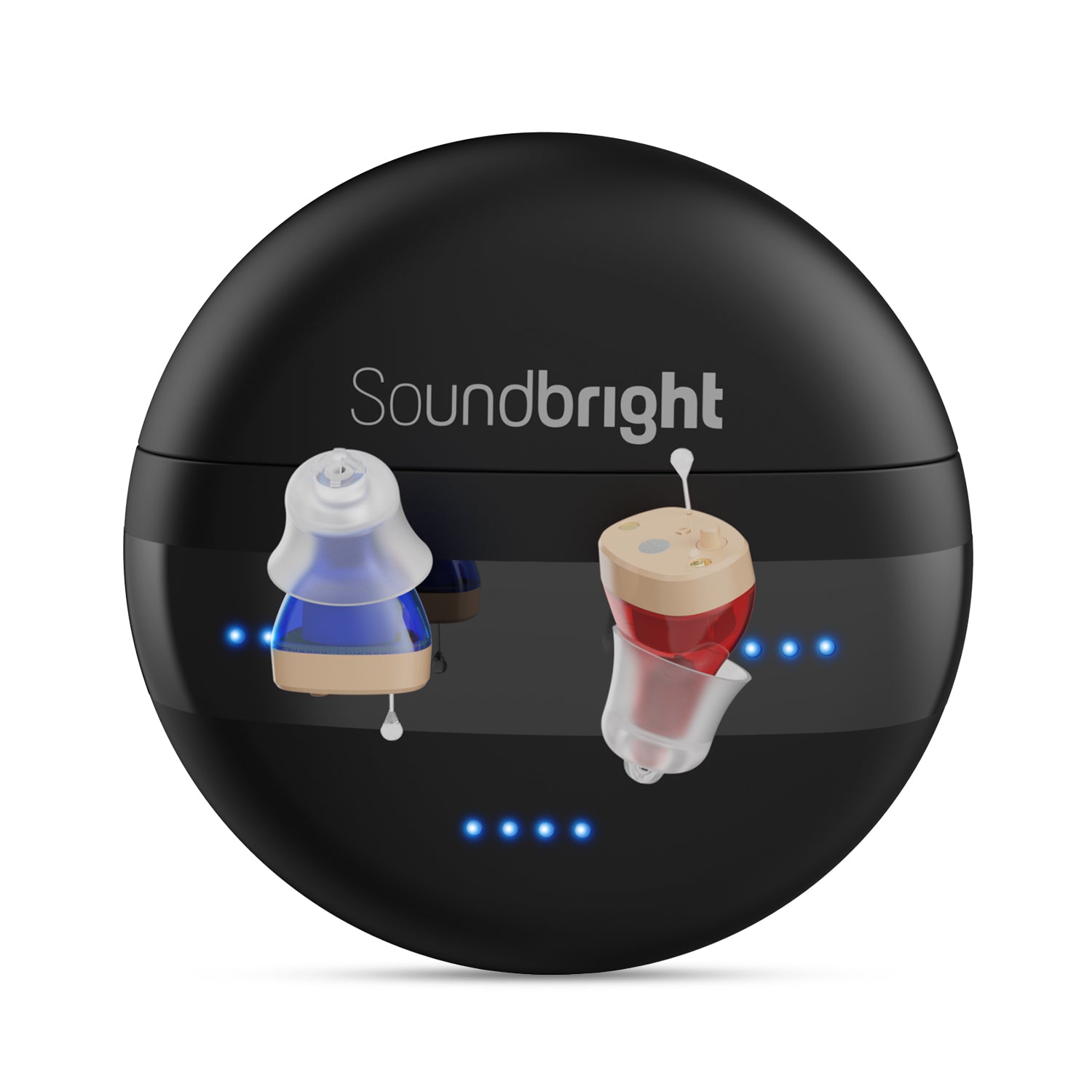 Soundbright Mini in-the-ear hearing aids closed charging case with both hearing aids displayed