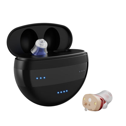 Soundbright Mini in-the-ear hearing aids open charging case with one hearing aid removed
