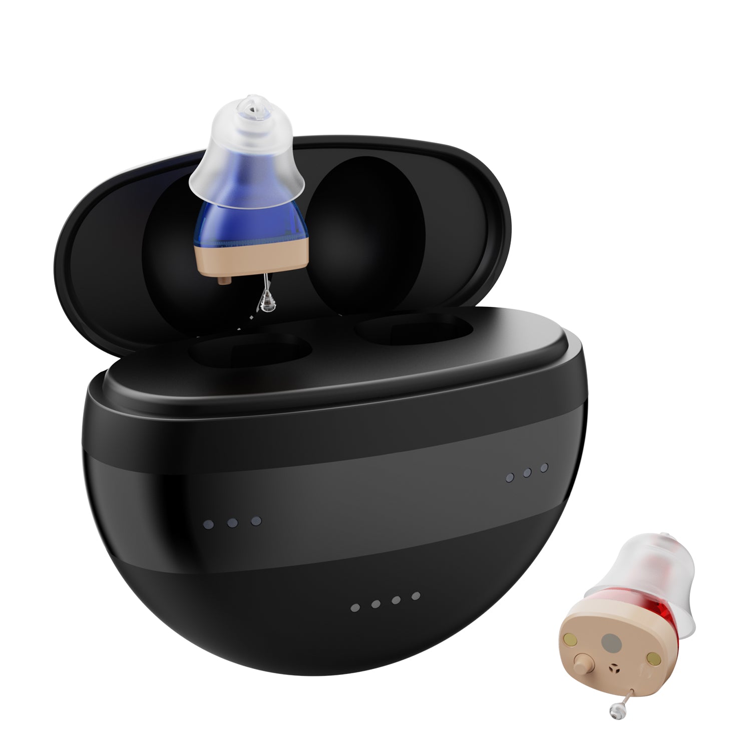 Soundbright Mini in-the-ear open charging case with one hearing aid removed