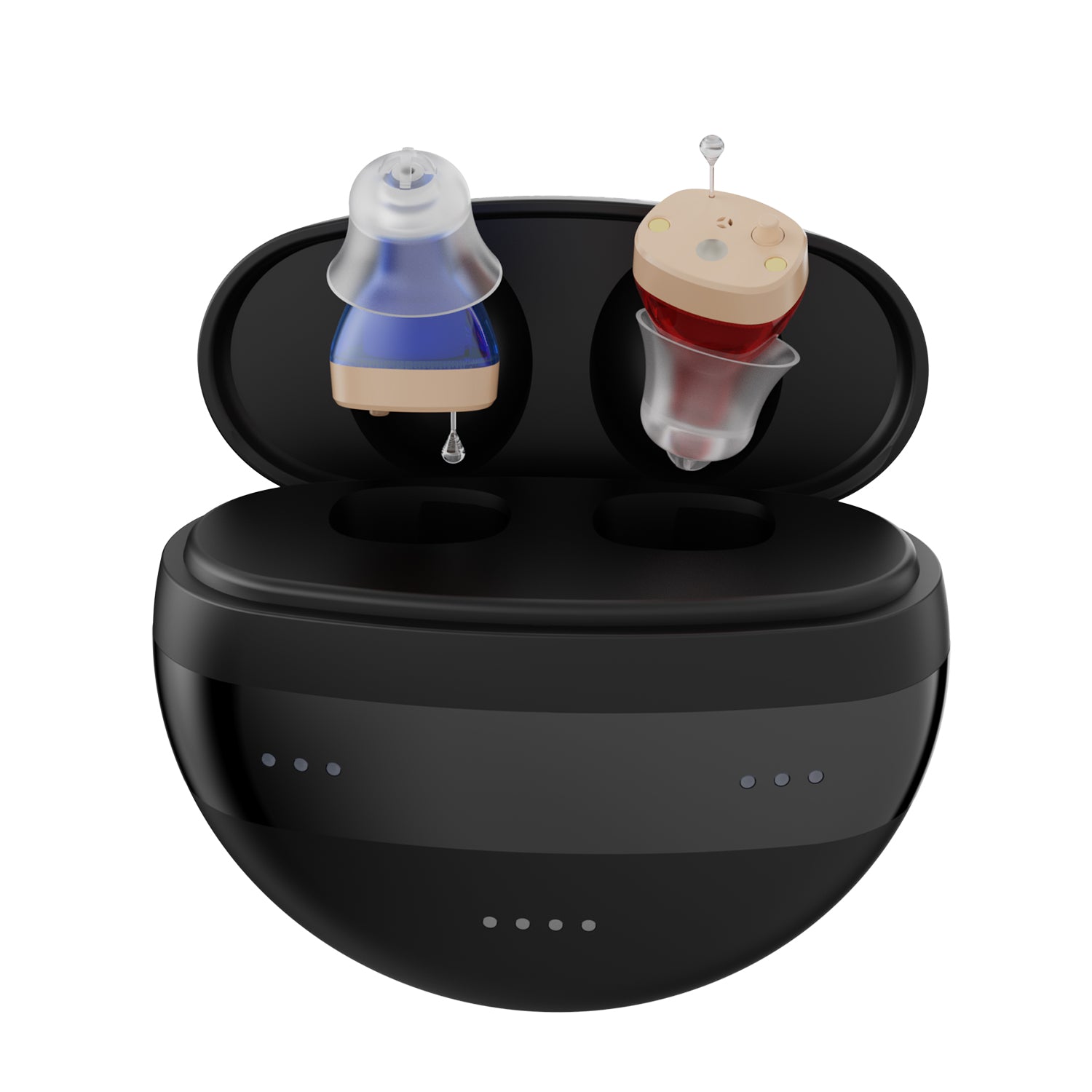 Soundbright Mini in-the-ear hearing aids open charging case with both hearing aids displayed