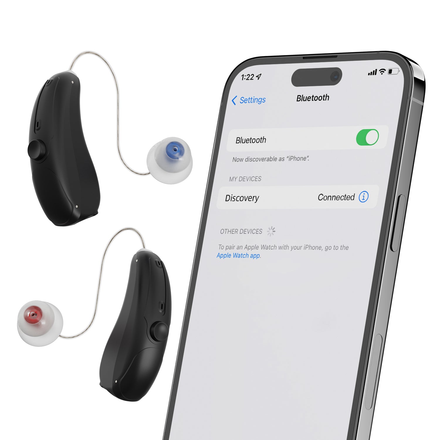 Soundbright Discovery behind-the-ear hearing aids connected to bluetooth on iPhone