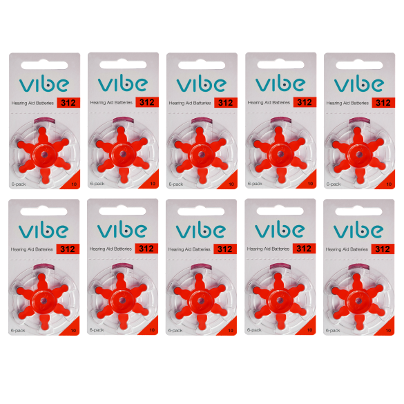 Vibe size 312 batteries frontal displayed as 10x 6-packs